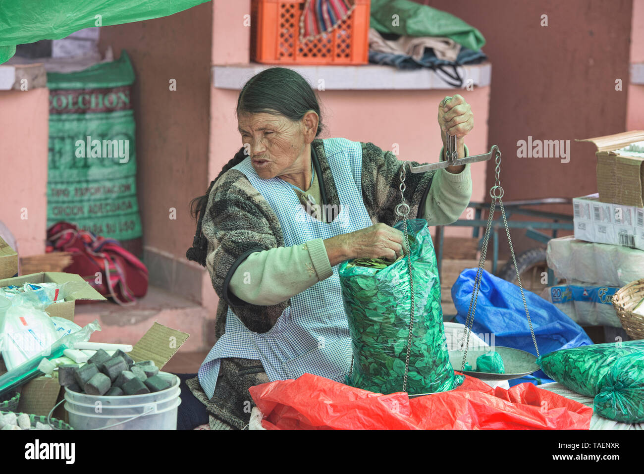 Woman selling coca leaves at the Sunday Market in Tarabuco, Bolivia Stock Photo