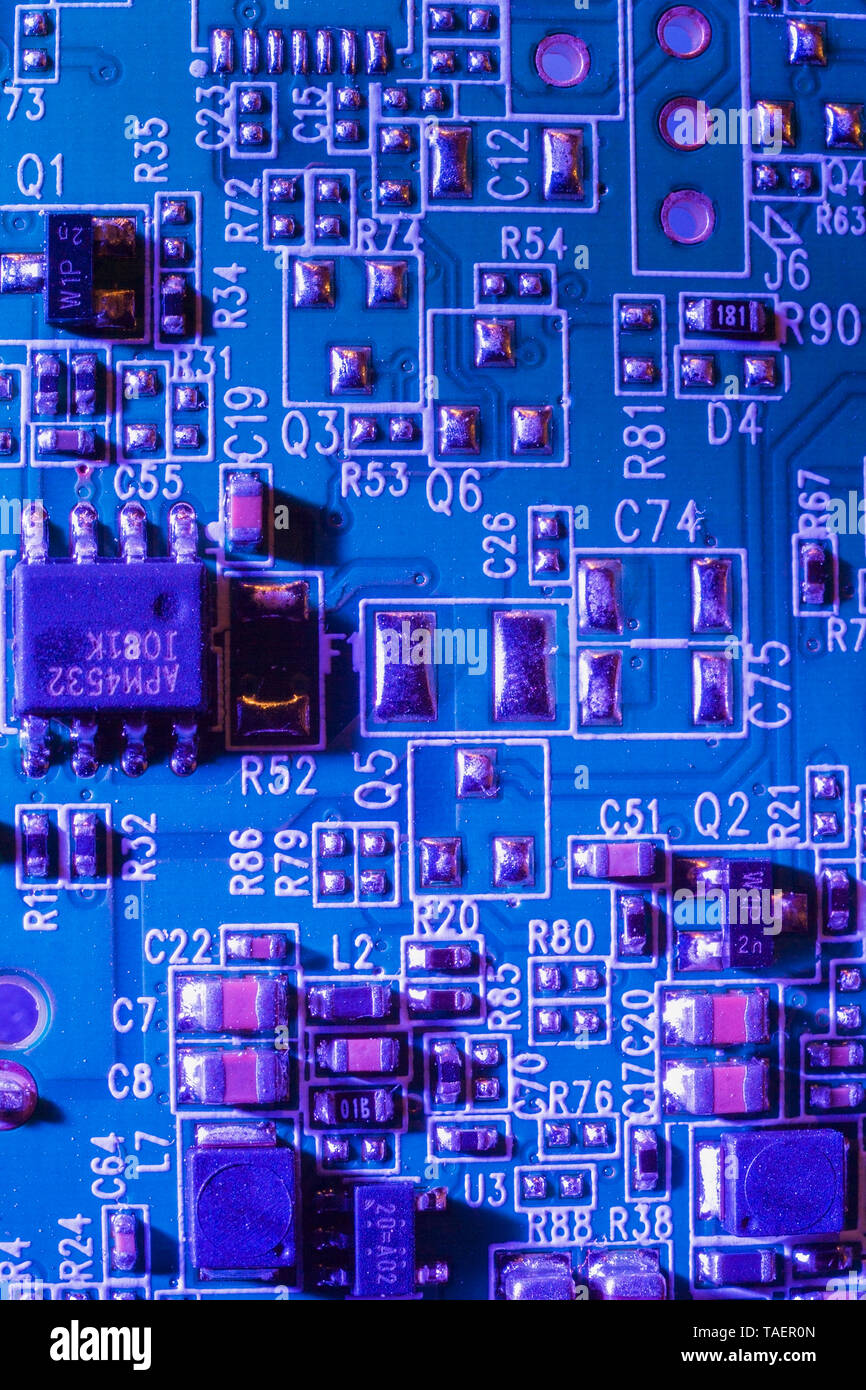 Close-up of blue and purple computer circuit board details, Studio Composition, Quebec, Canada Stock Photo