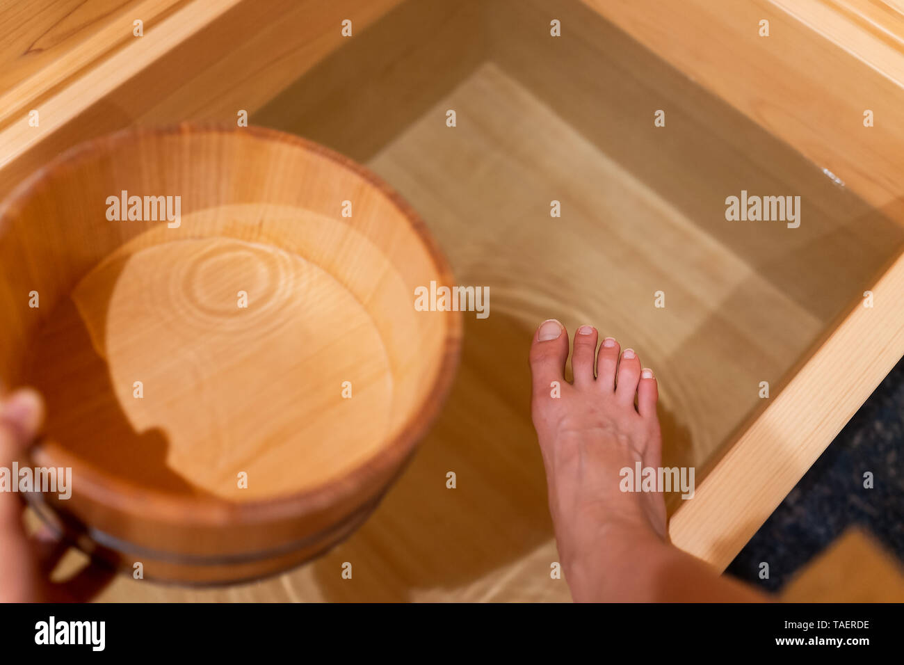 Cypress bathtub wooden traditional Japanese bucket by tub in onsen
