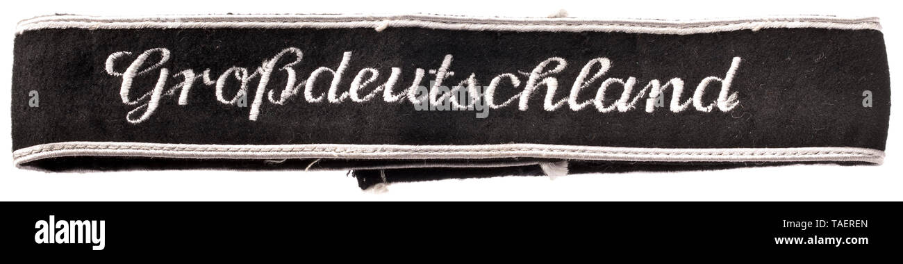 A cuff title 'Großdeutschland' Schwarzes Baumwollband mit weißgrauer Kordel als Randeinfassung, graue, maschinengewebte Lettern. Breite 32 mm, Länge 45 cm. Ungetragen. historic, historical, 20th century, Editorial-Use-Only Stock Photo