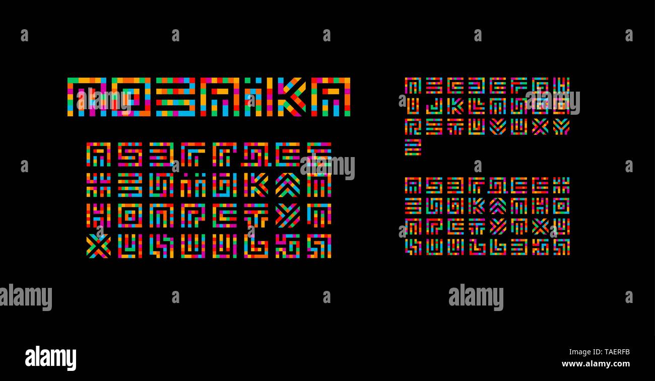 Mosaic ukrainian, english and russian alphabet. Maze typography design. Creative art style vector latin letters from squares. Font for events Stock Vector