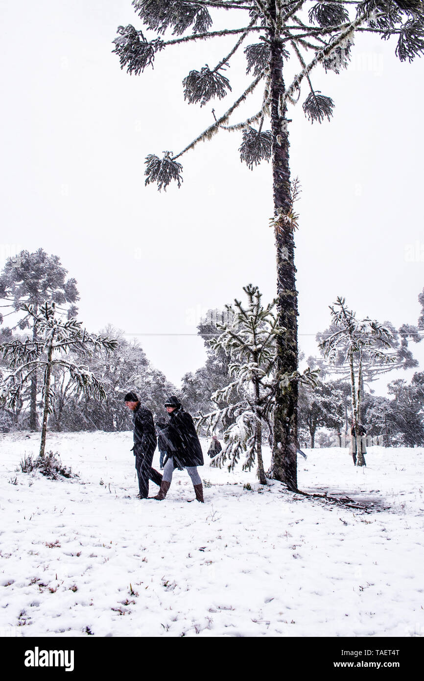 People walking on snow.  Urubici, Santa Catarina, Brazil. Stock Photo