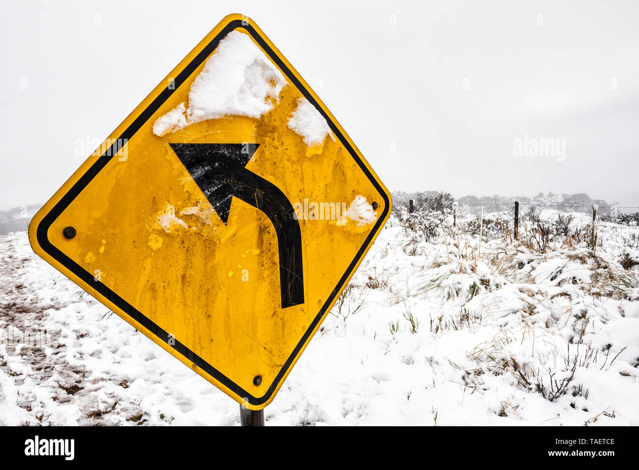 Left curve warning sign on the road that leads to Morro da Igreja surrounded by snow.  Urubici, Santa Catarina, Brazil. Stock Photo