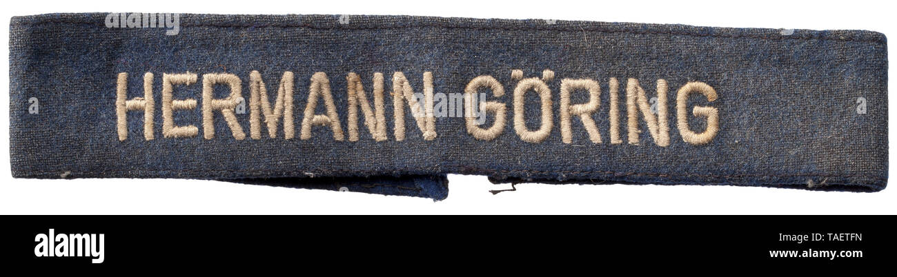 A cuff title 'Hermann Göring' for enlisted men last modell from the end of 1943 onwards historic, historical, Air Force, branch of service, branches of service, armed service, armed services, military, militaria, air forces, object, objects, stills, clipping, clippings, cut out, cut-out, cut-outs, 20th century, Editorial-Use-Only Stock Photo