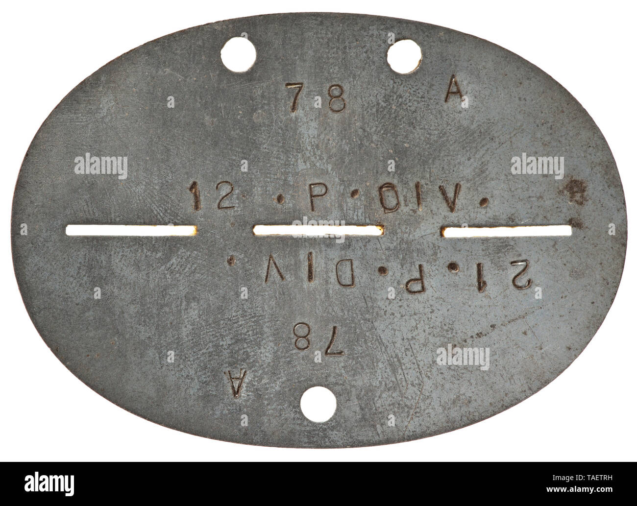 An identification tag for 21st Panzer division Eisenblech (leicht migriert) mit vs. Bezeichnung 'A 78 21.P.Div.', rs. ohne Markung. historic, historical, 20th century, Editorial-Use-Only Stock Photo
