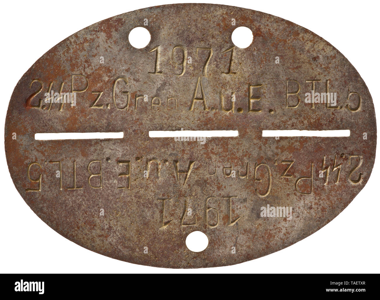 An identification tag, SS Panzer Grenadier Battalion 5 Eisenblech (oxidiert) mit vs. Bezeichnung '1971 - 2.SS Pz.Gren.A.u.E. Btl. 5', rs. ohne Markung. historic, historical, 20th century, 1930s, 1940s, Waffen-SS, armed division of the SS, armed service, armed services, NS, National Socialism, Nazism, Third Reich, German Reich, Germany, military, militaria, utensil, piece of equipment, utensils, object, objects, stills, clipping, clippings, cut out, cut-out, cut-outs, fascism, fascistic, National Socialist, Nazi, Nazi period, Editorial-Use-Only Stock Photo