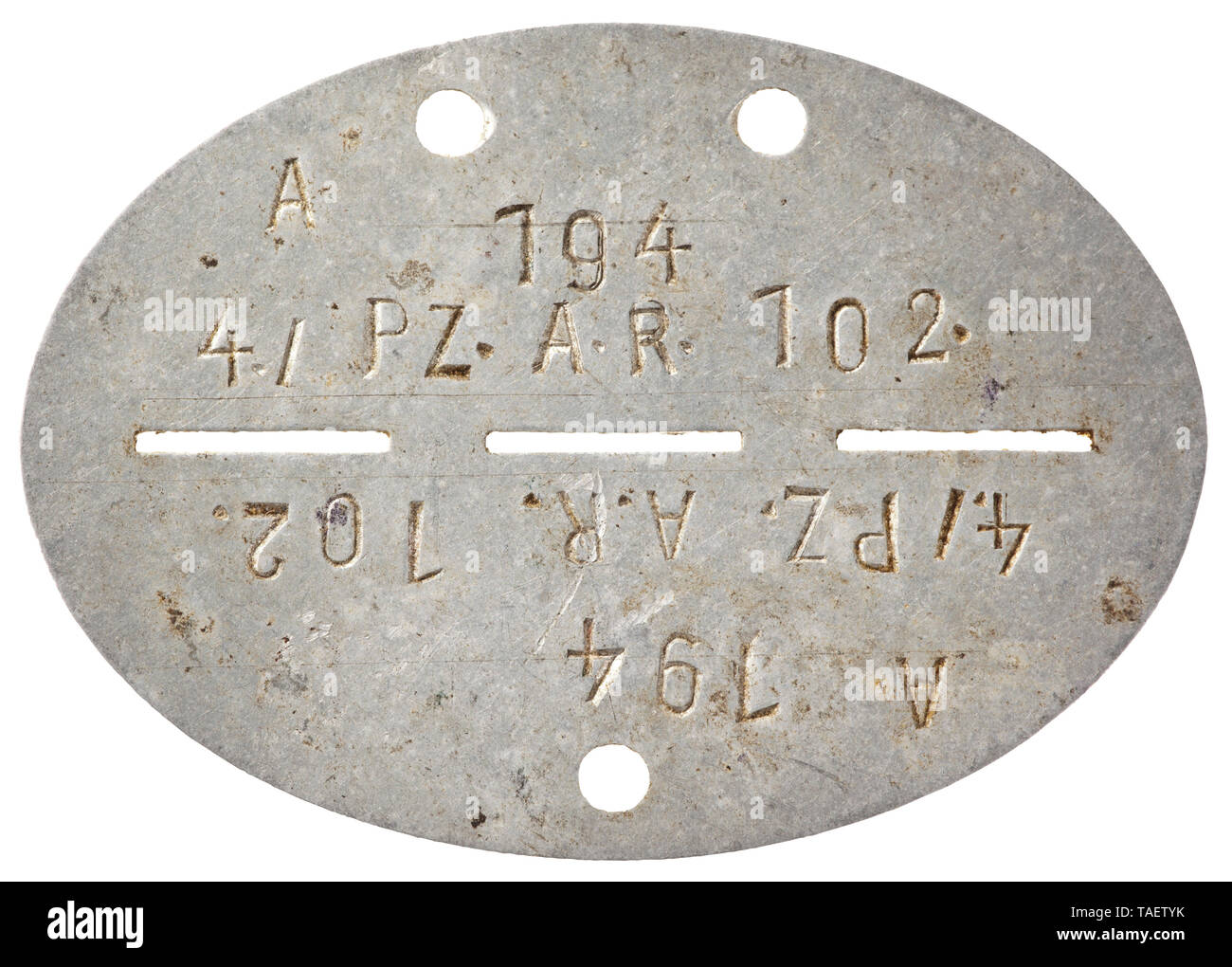 An identification tag Panzer Artillery Regiment 102 Aluminium mit vs. Bezeichnung 'A 194 - 4./Pz. A.R. 102', rs. mit Markung '2. Schrift'. historic, historical, 20th century, Editorial-Use-Only Stock Photo