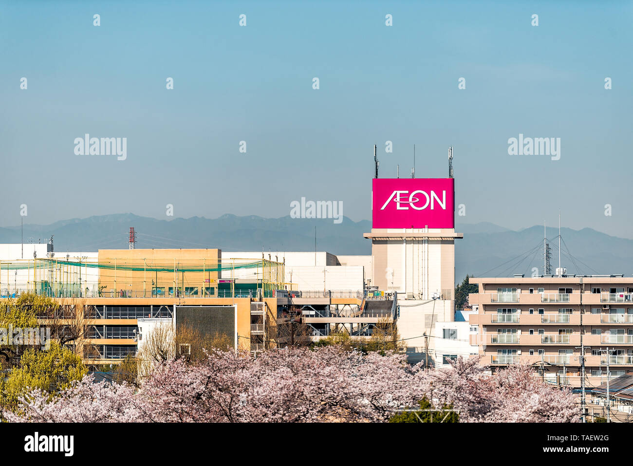 Tokyo, Japan - April 4, 2019: Cityscape of city during day with view of Leon My Basket company sign and cherry blossoms Stock Photo