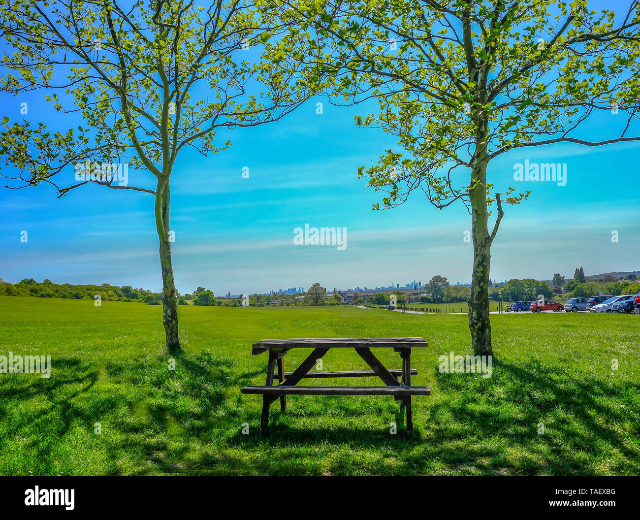 Single empty wooden picnic table set between two trees on grass looking towards the view of London. Stock Photo