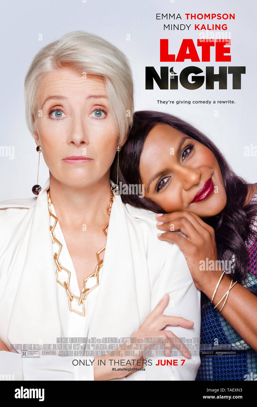 Late Night (2019) directed by Nisha Ganatra and starring  Emma Thompson, Mindy Kaling and John Lithgow. A late night TV talk show host with falling ratings hires a new woman writer who disrupts the status quo. Stock Photo