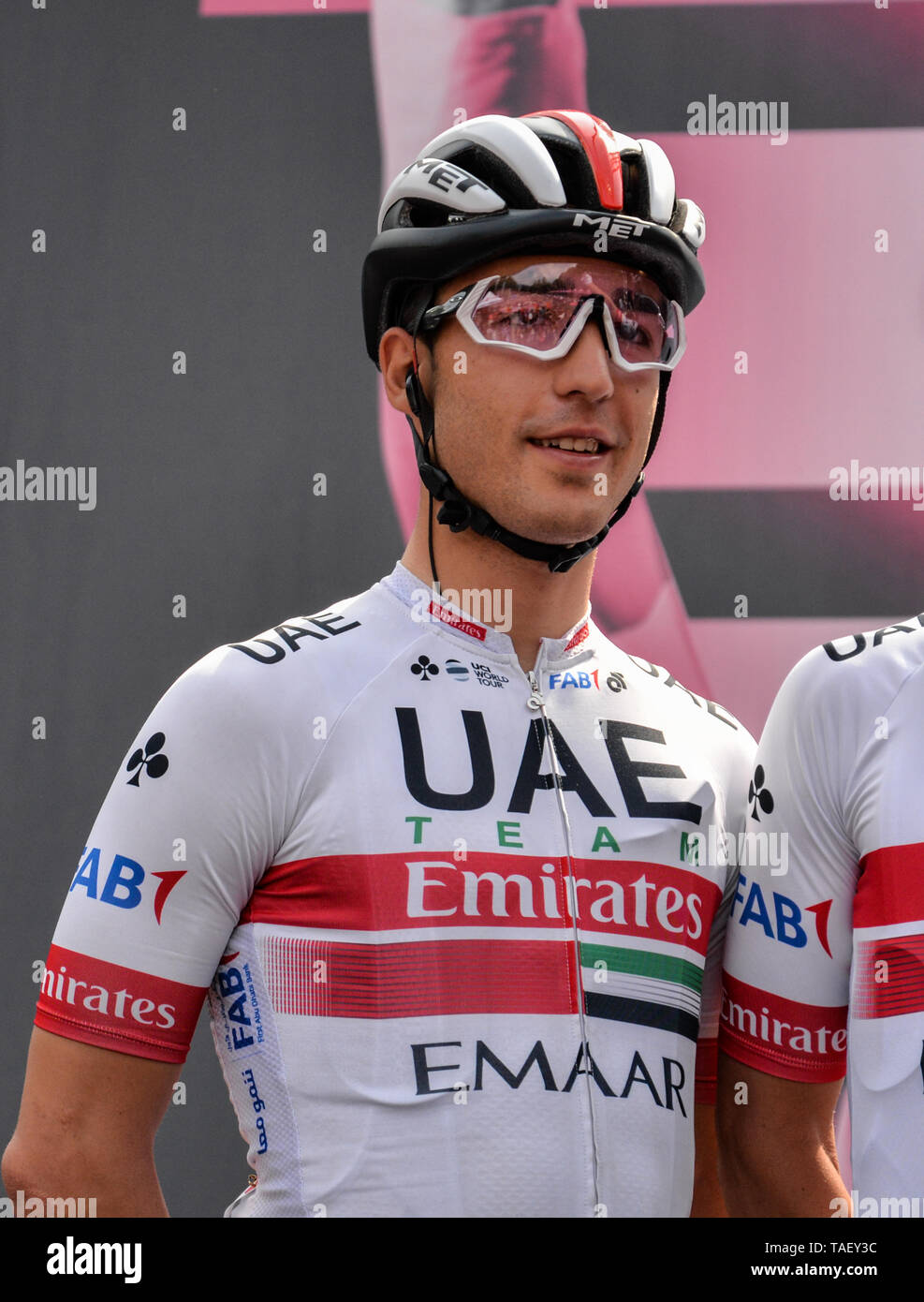 Valerio Conti of Italy and UAE - Team Emirates , Pinerolo City , during the 102nd Giro d'Italia 2019, Stage 13 a 196km stage from Pinerolo to Ceresole Reale (Lago Serrù) 2247m . Stock Photo