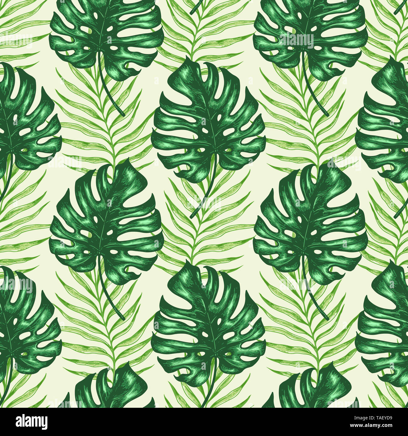 Tropical summer seamless pattern with green palm leaves. Hand drawn ...