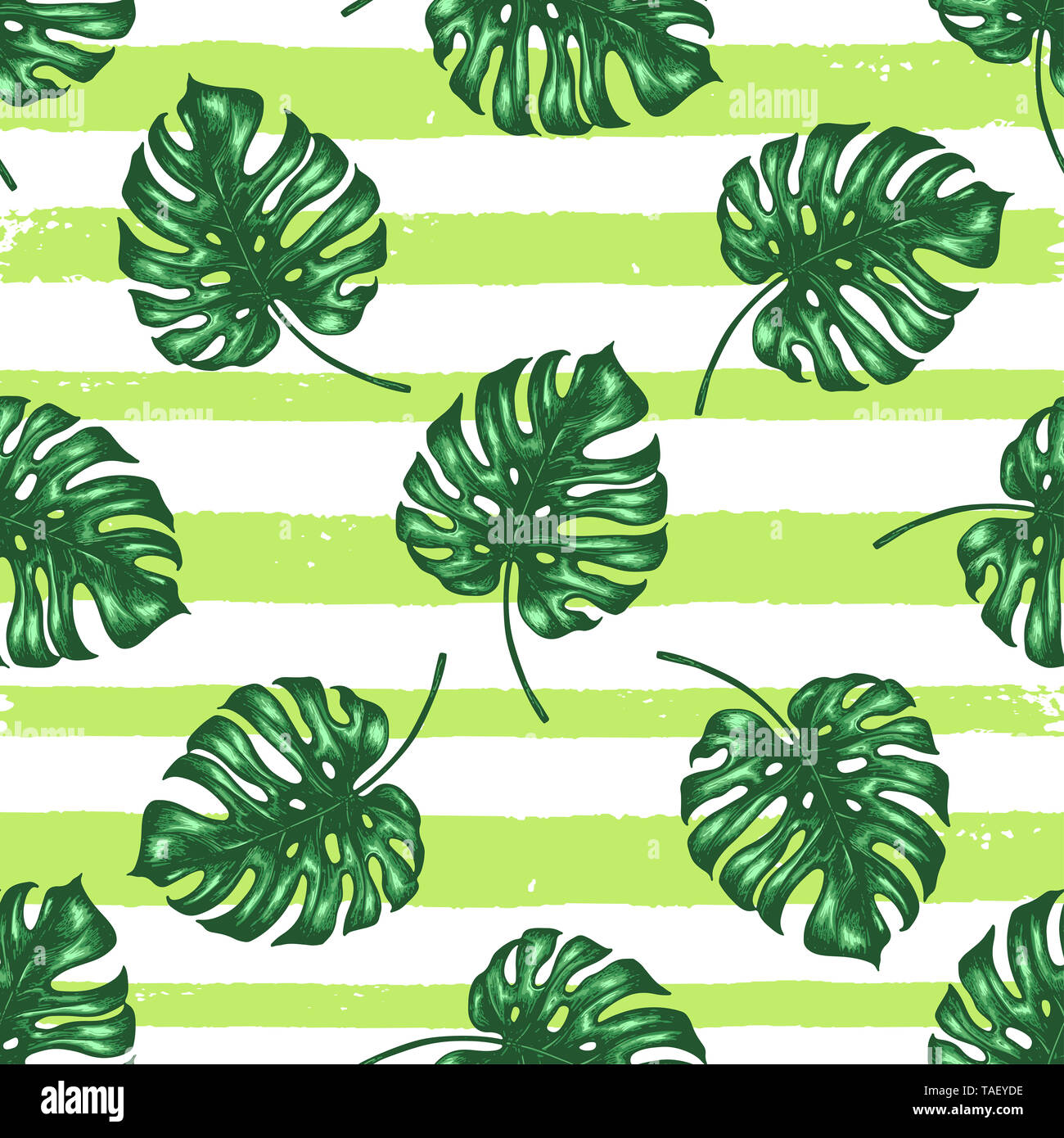 Tropical seamless pattern with green lines and palm leaves. Hand drawn ...