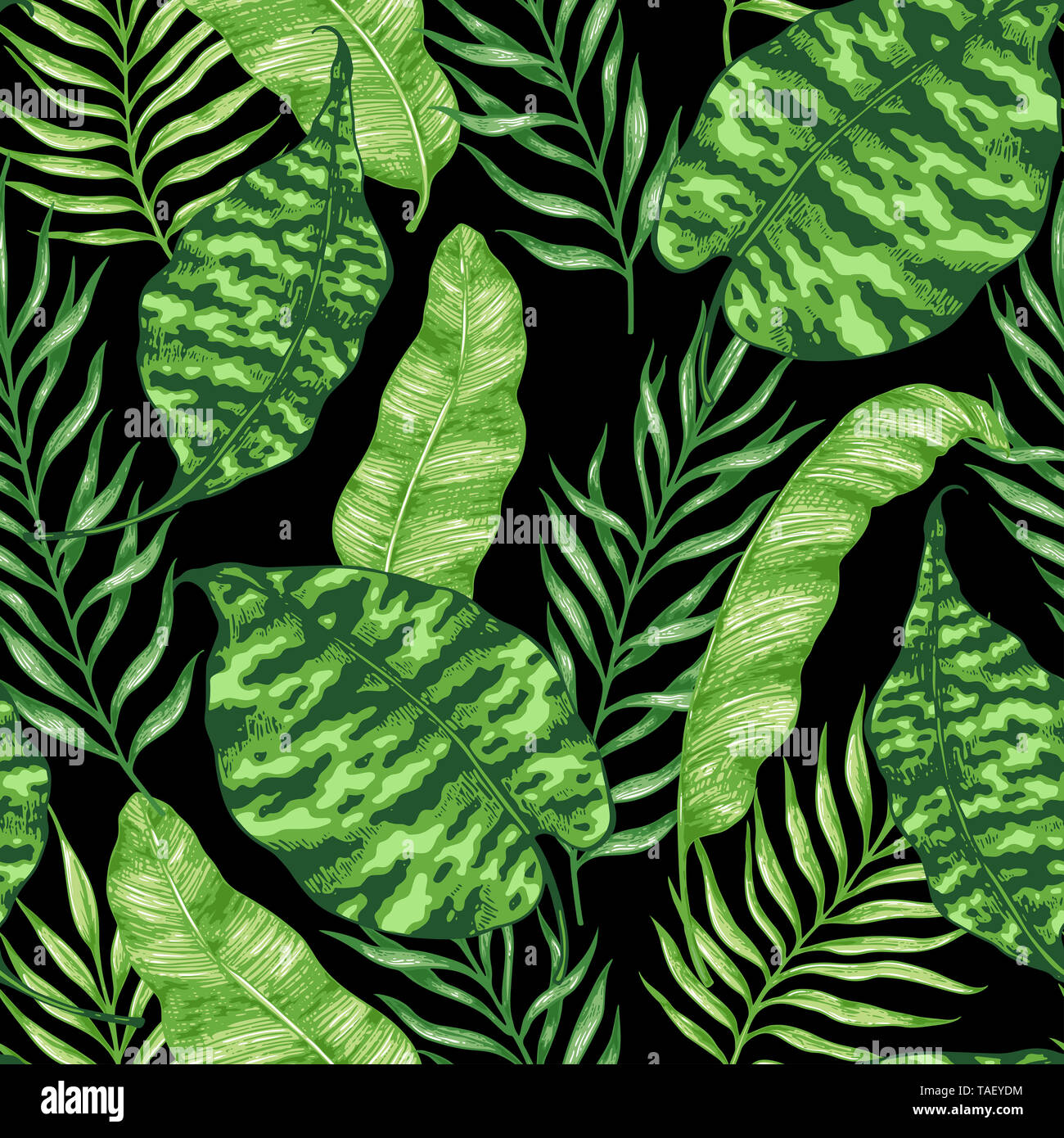 Tropical summer seamless pattern with green palm leaves on a black ...
