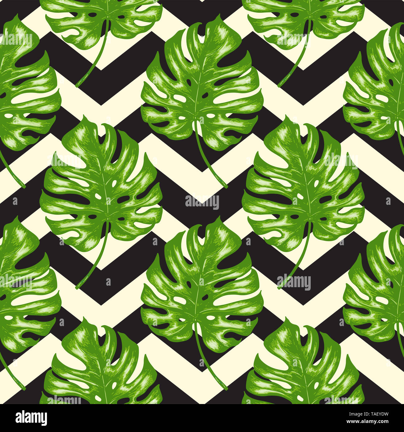 Tropical seamless pattern with green palm leaves and black srtips. Hand ...