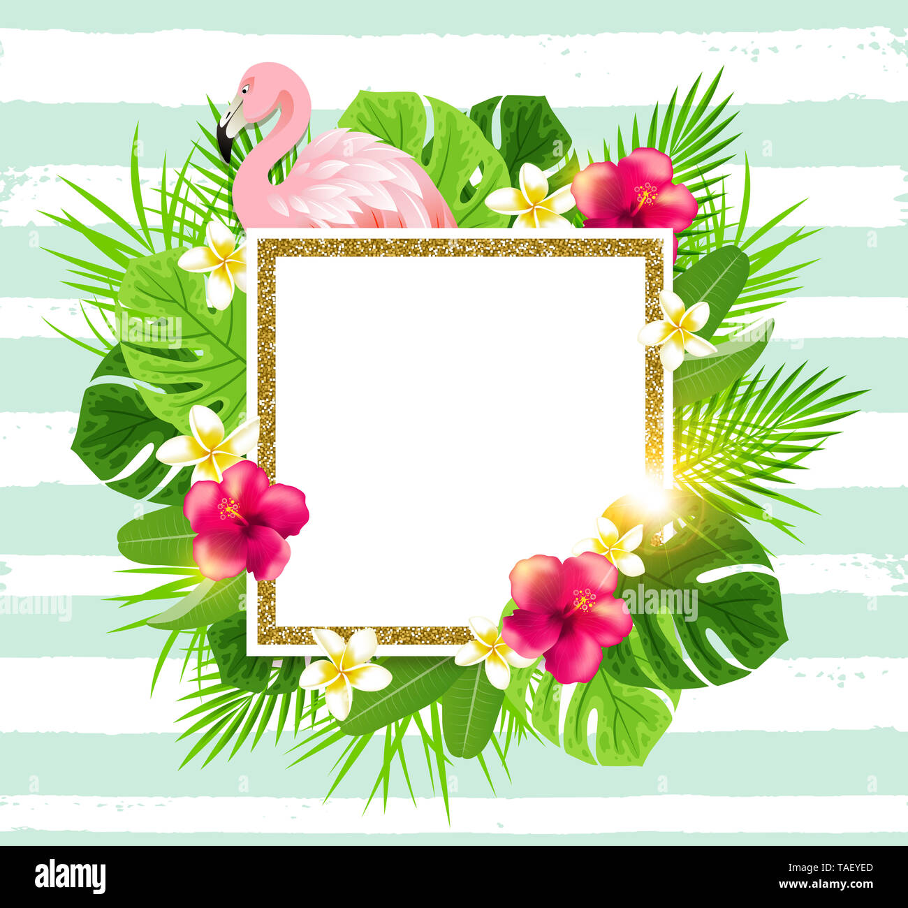 Summer golden frame with tropical flowers, palm leaves and pink ...