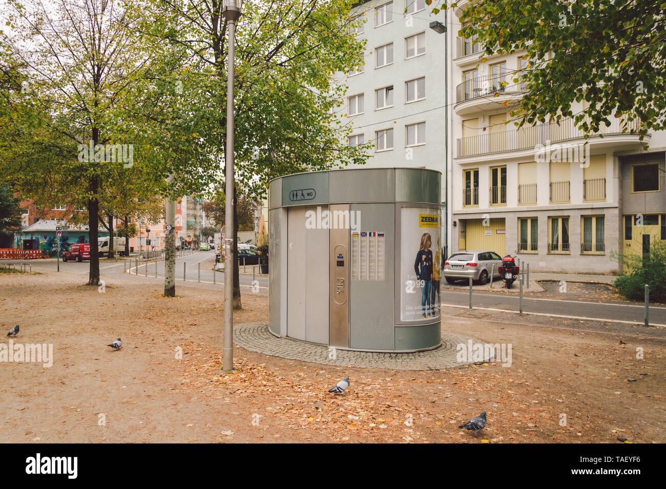 25 October 2018 Germany, Dusseldorf. WC public toilet to man, woman and disabled in a park of Dusseldorf, Germany. Stock Photo