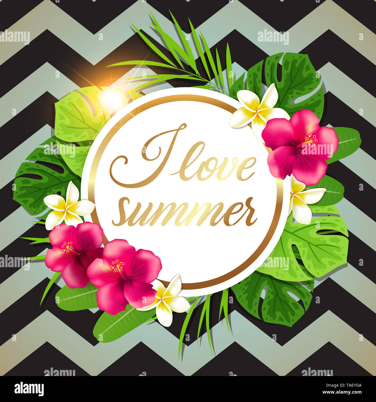 Tropical summer background with green palm leaves and pink flowers ...