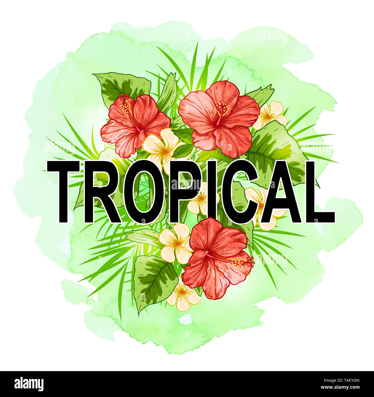 Tropical summer background with green palm leaves, red flowers and ...