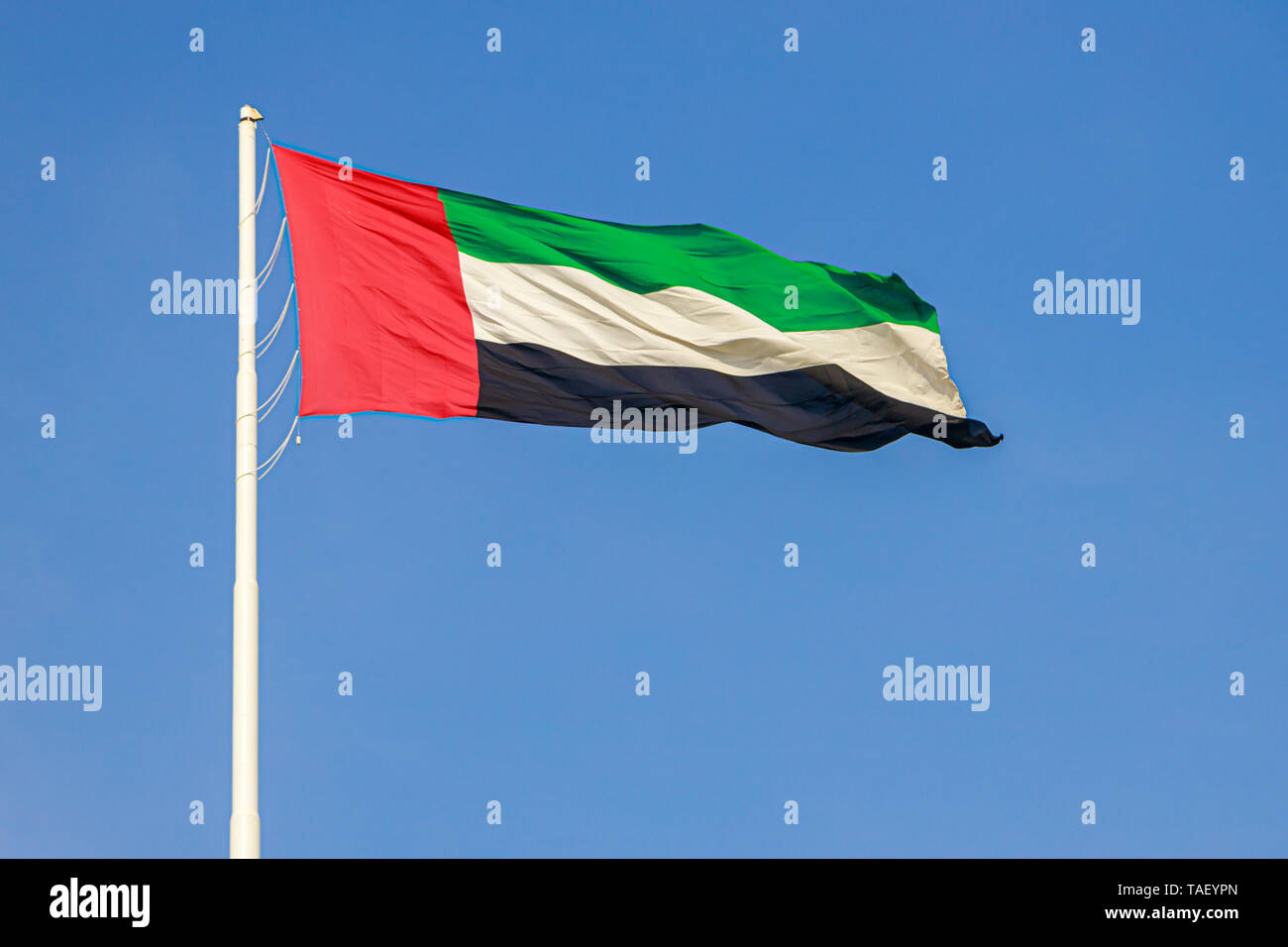 Flag of United Arab Emirates flying in the wind against a blue sky Stock Photo