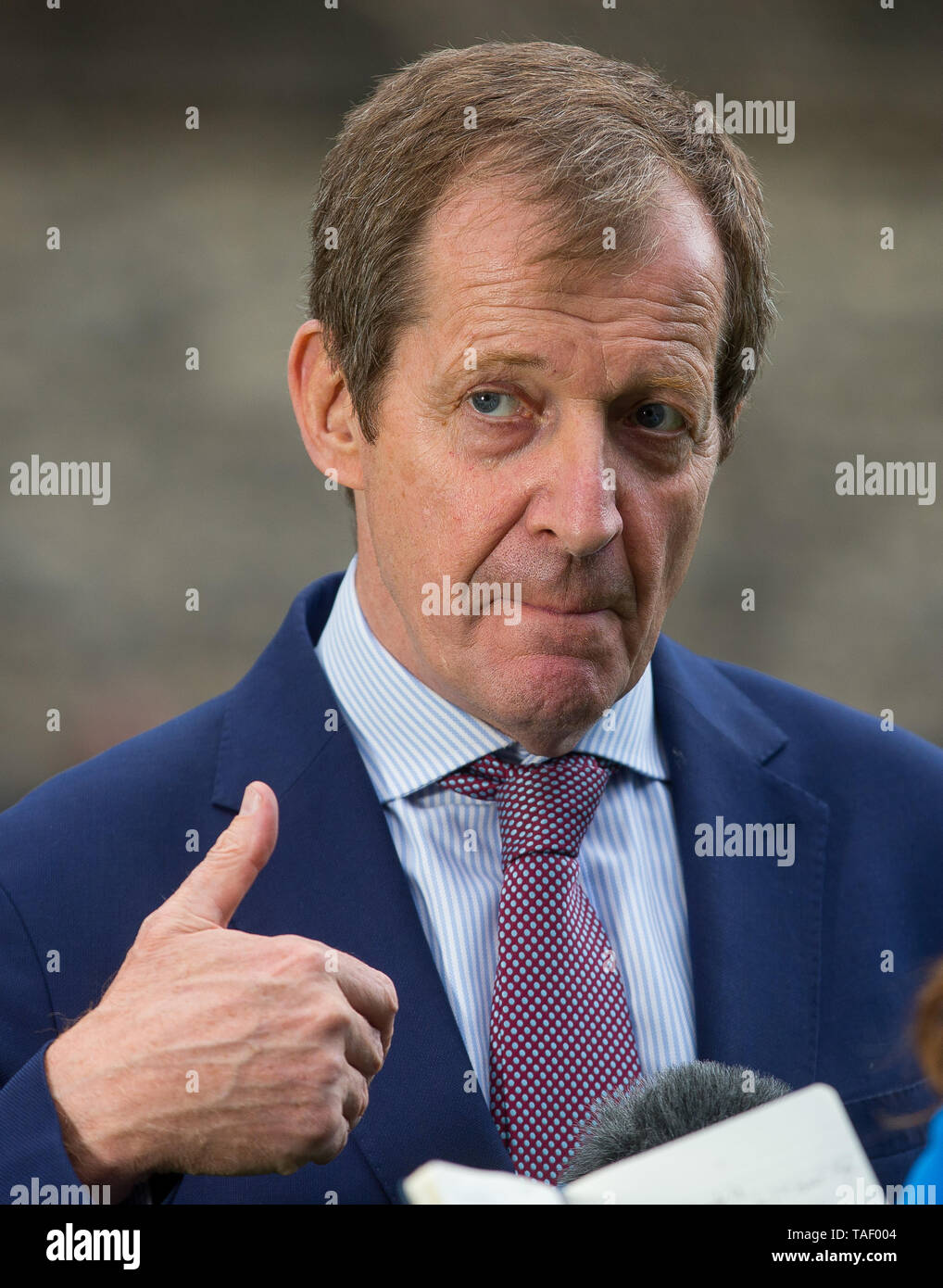 Alastair Campbell speaks to Media on College Green, Westminster, on the day Theresa May announced she would stand down as Leader of The Conservative P Stock Photo