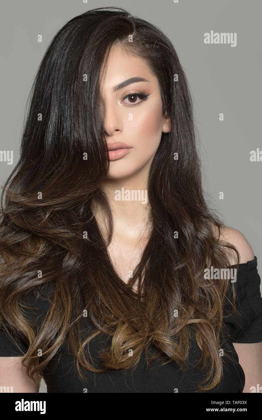 Woman With Dark Thick Hair Gray Background Stock Photo 247421102