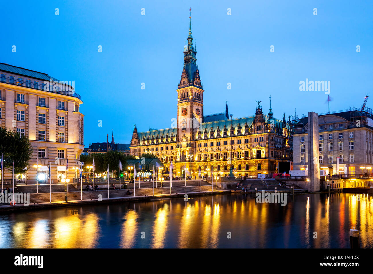 Germany, Hamburg, City Hall with Inner Alster Lake Stock Photo