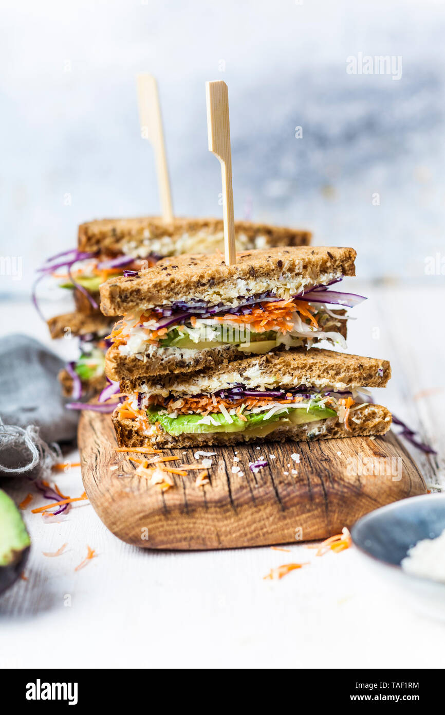 Veggie Sandwich, whole meal toast bread with grated carrot, red cabbage, white cabbage, avocado and cheese Stock Photo