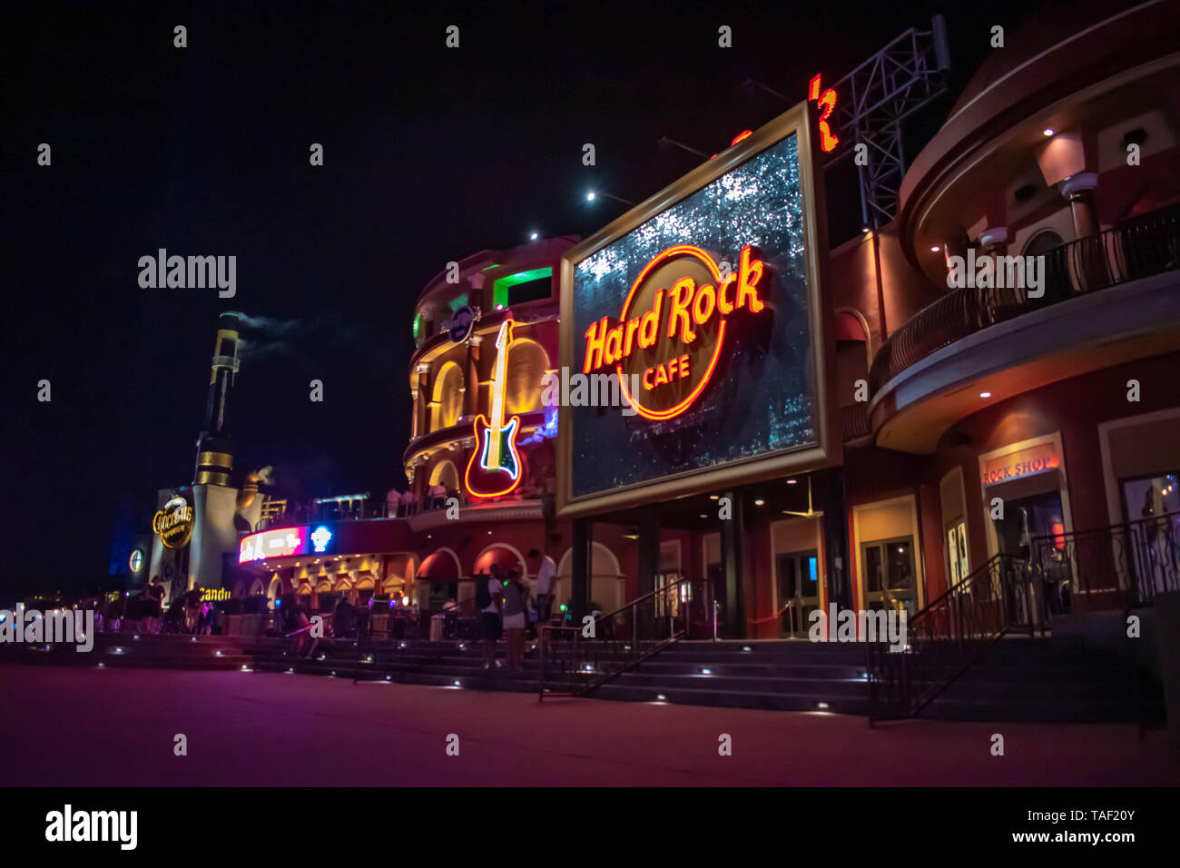Orlando, Florida. May 21, 2019. Hard Rock Cafe Signs and colorful guitar on  european style builCitywalk at Universal Studios area (3 Stock Photo - Alamy