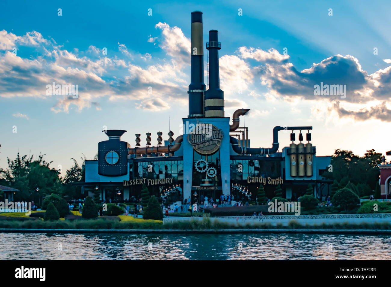 Orlando, Florida. May 21, 2019. Chocolate Emporium Restauran on sunset background in Citywalk at