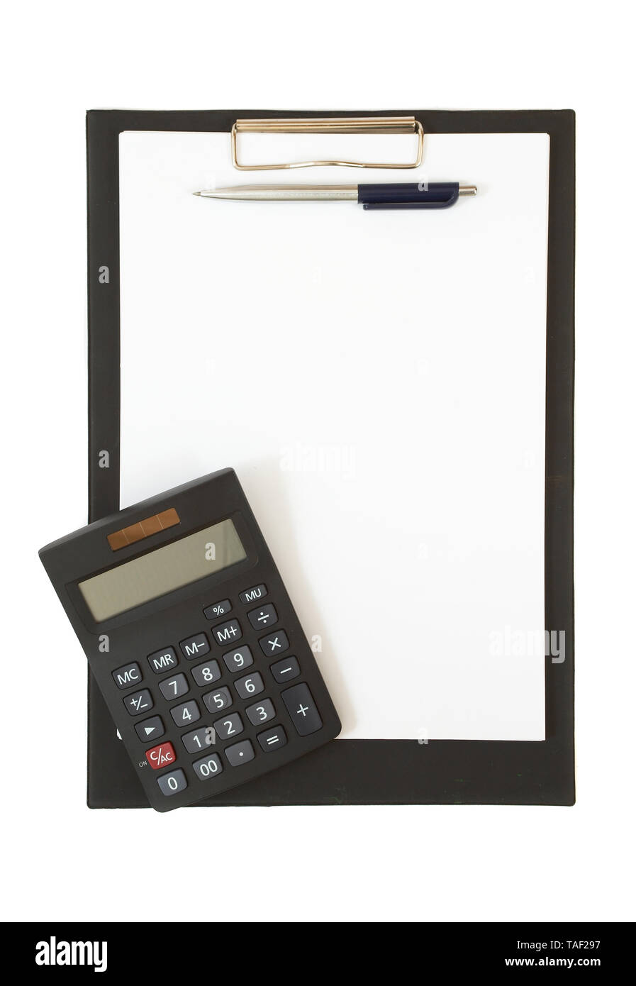 clipboard with calculator and pen on white background Stock Photo Alamy