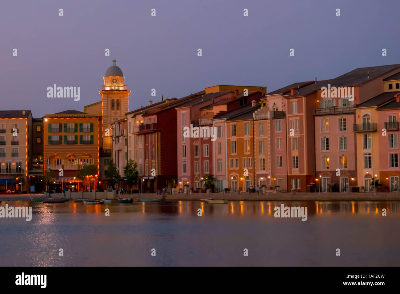 Orlando, Florida. May 21, 2019.Colorful dockside buildings on sunset ...