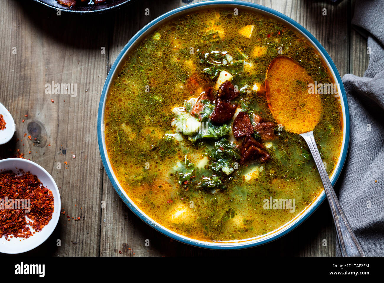 Caldo verde, soup with green cabbage, chorizo and potato Stock Photo