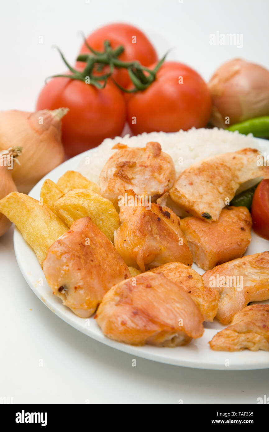 turkish style chicken fillet kebab with rice and salads Stock Photo Alamy