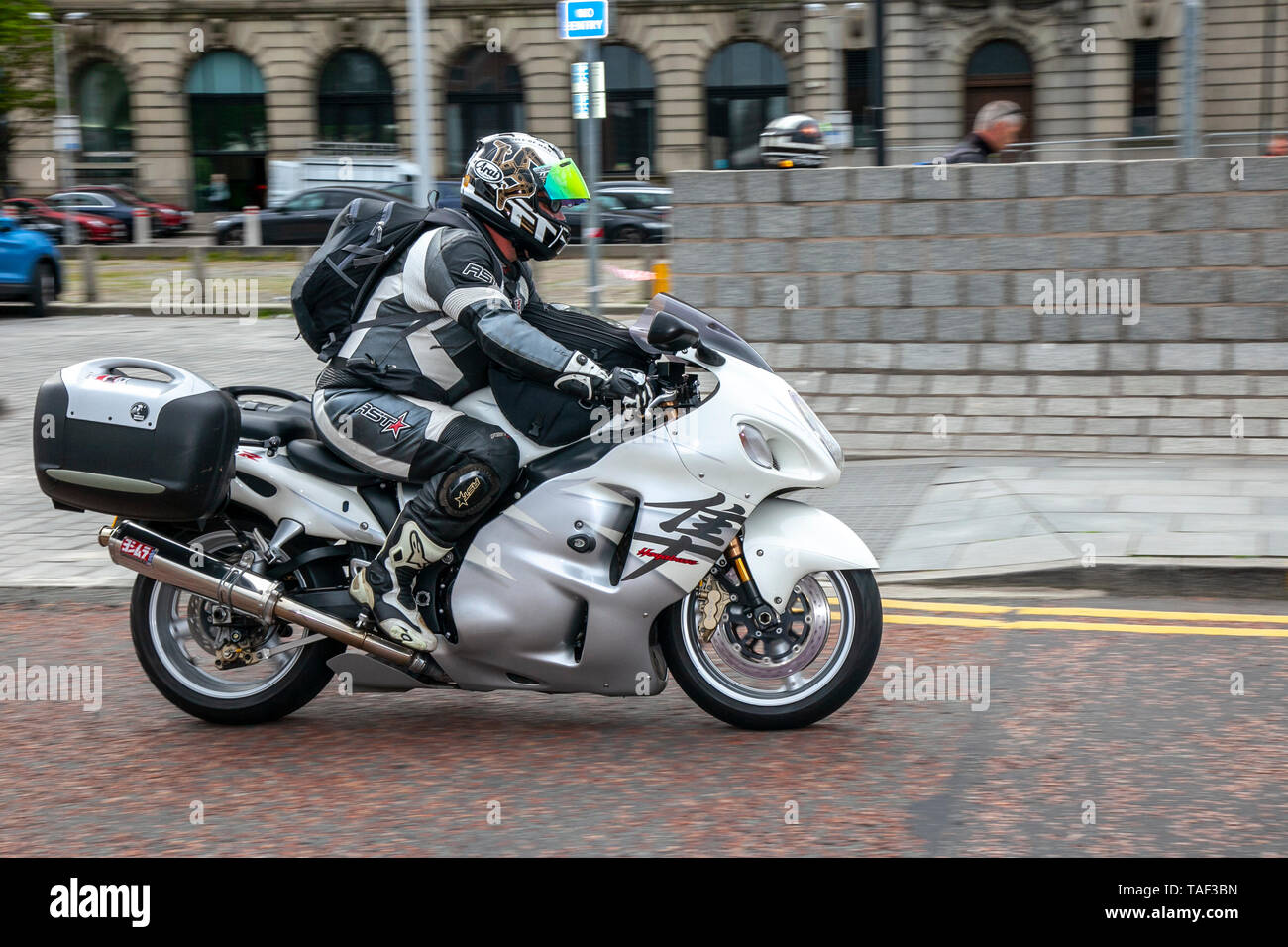 Liverpool, Merseyside. 24th May, 2019 UK Weather: Fine, calm condition as up to 200 motorcyclists queue to board the morning ferry to the Isle of Man to attend the island TT races.  Extra ferry services are to be added to cope with the large demand for spectators travelling to attend this year’s top motor sport week of qualifying event and the fastest road race on the planet. Credit: MediaWorldImages/AlamyLiveNews Stock Photo