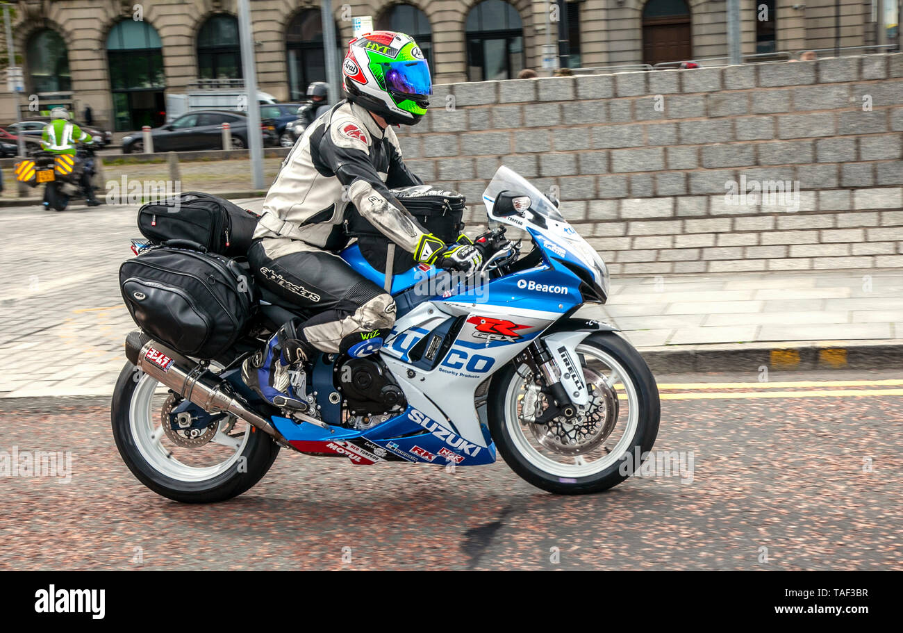 Liverpool, Merseyside. 24th May, 2019 UK Weather: Fine, calm condition as up to 200 motorcyclists queue to board the morning ferry to the Isle of Man to attend the island TT races.  Extra ferry services are to be added to cope with the large demand for spectators travelling to attend this year’s top motor sport week of qualifying event and the fastest road race on the planet. Stock Photo
