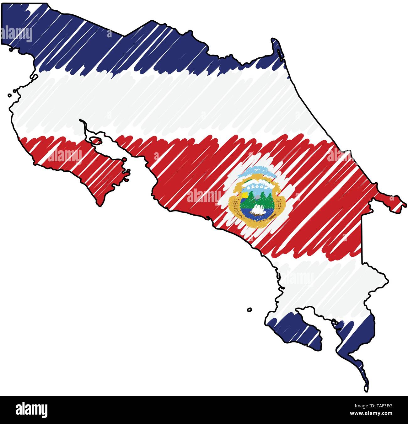 Costa Rica map hand drawn sketch. Vector concept illustration flag, childrens drawing, scribble map. Country map for infographic, brochures and Stock Vector