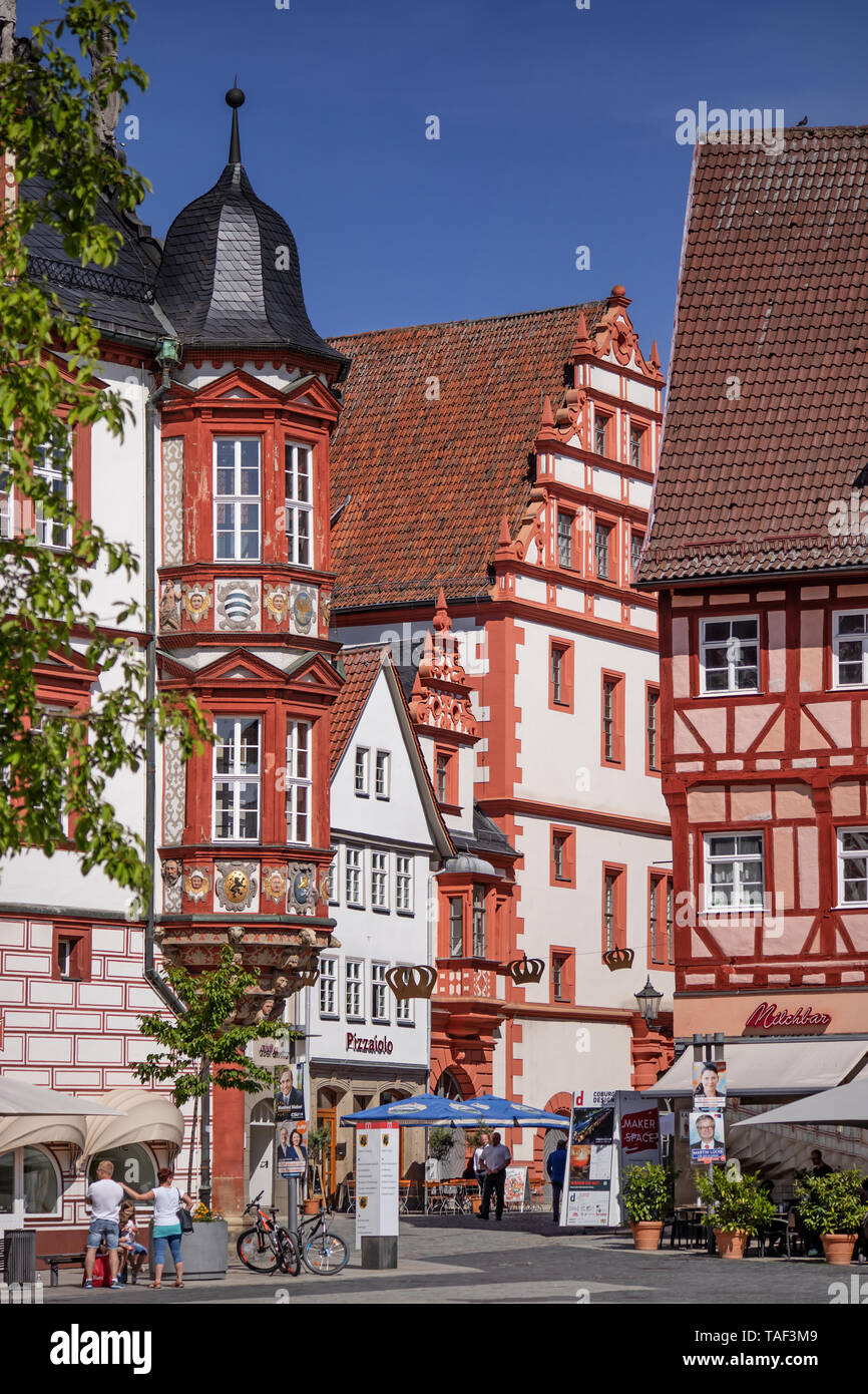 View from the market square of Coburg, Germany, into the Herrngasse with colorful medieval facades Stock Photo