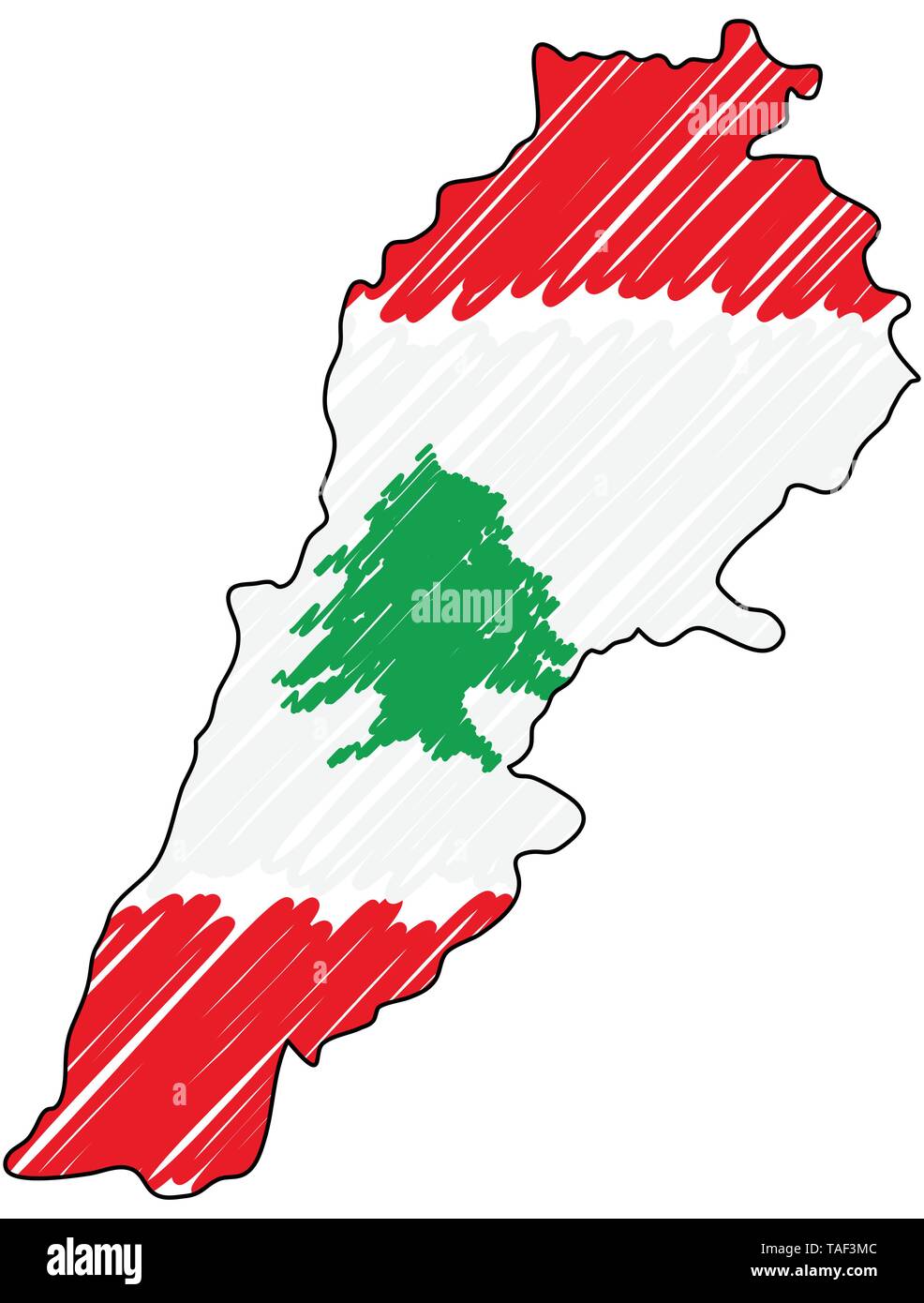 Lebanon map hand drawn sketch. Vector concept illustration flag, childrens drawing, scribble map. Country map for infographic, brochures and Stock Vector