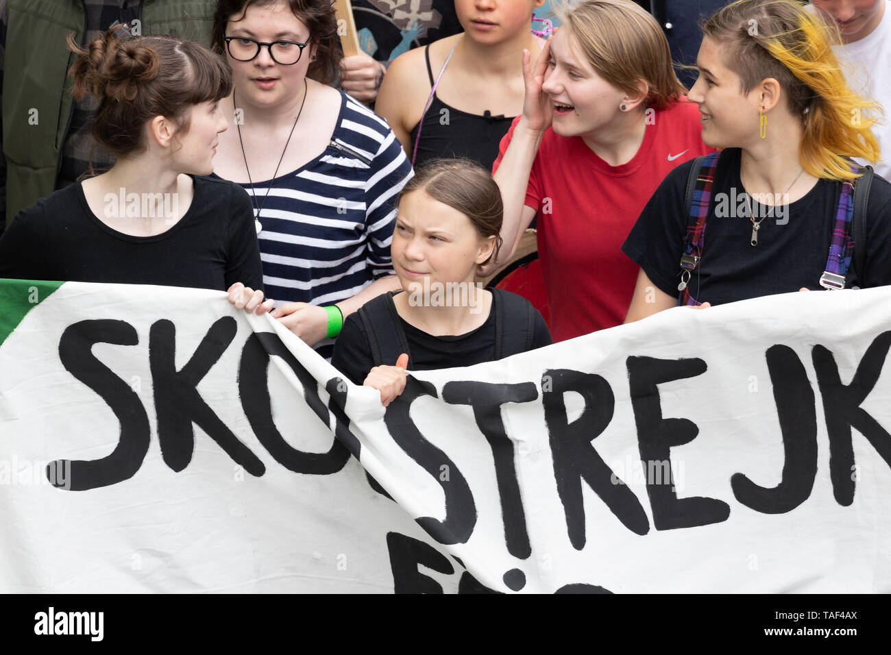 Stockholm, Sweden. 24 May, 2019. 16-year-old Swedish climate activist Greta Thunberg demonstrating in Stockholm on Fridays. Stock Photo