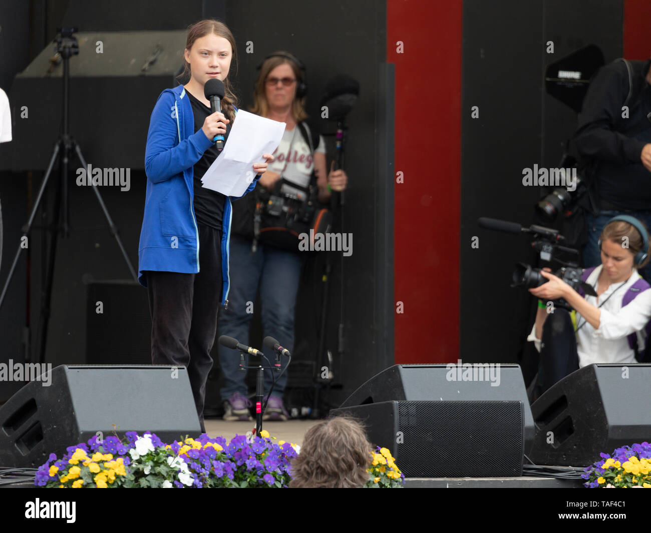 Stockholm, Sweden. 24 May, 2019. 16-year-old Swedish climate activist Greta Thunberg demonstrating in Stockholm on Fridays. Stock Photo