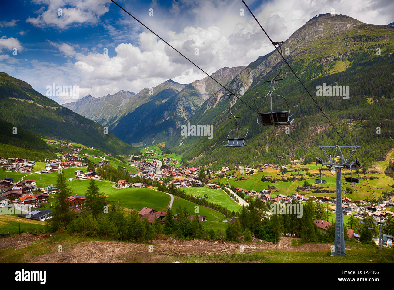Summer Mountain view of Sölden, Ötztal,Tyrol, Austria. Ski lift. Close to the Rettenbach Glacier. Stock Photo