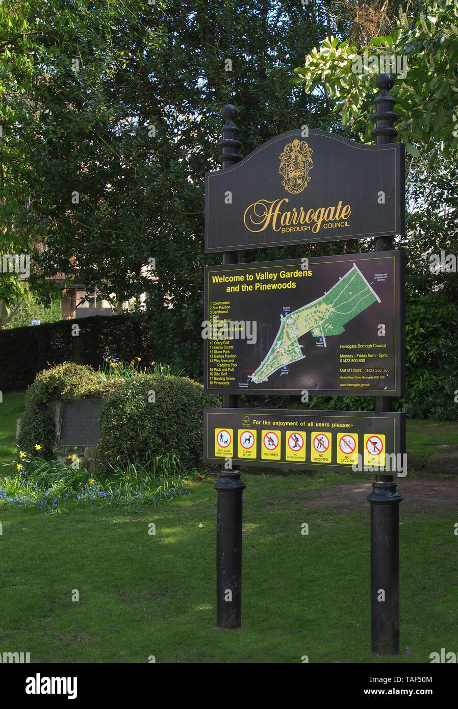 Sign at the entrance to Valley Gardens, Harrogate, with a map of the park and several 'do not' signs with their various symbols. Stock Photo