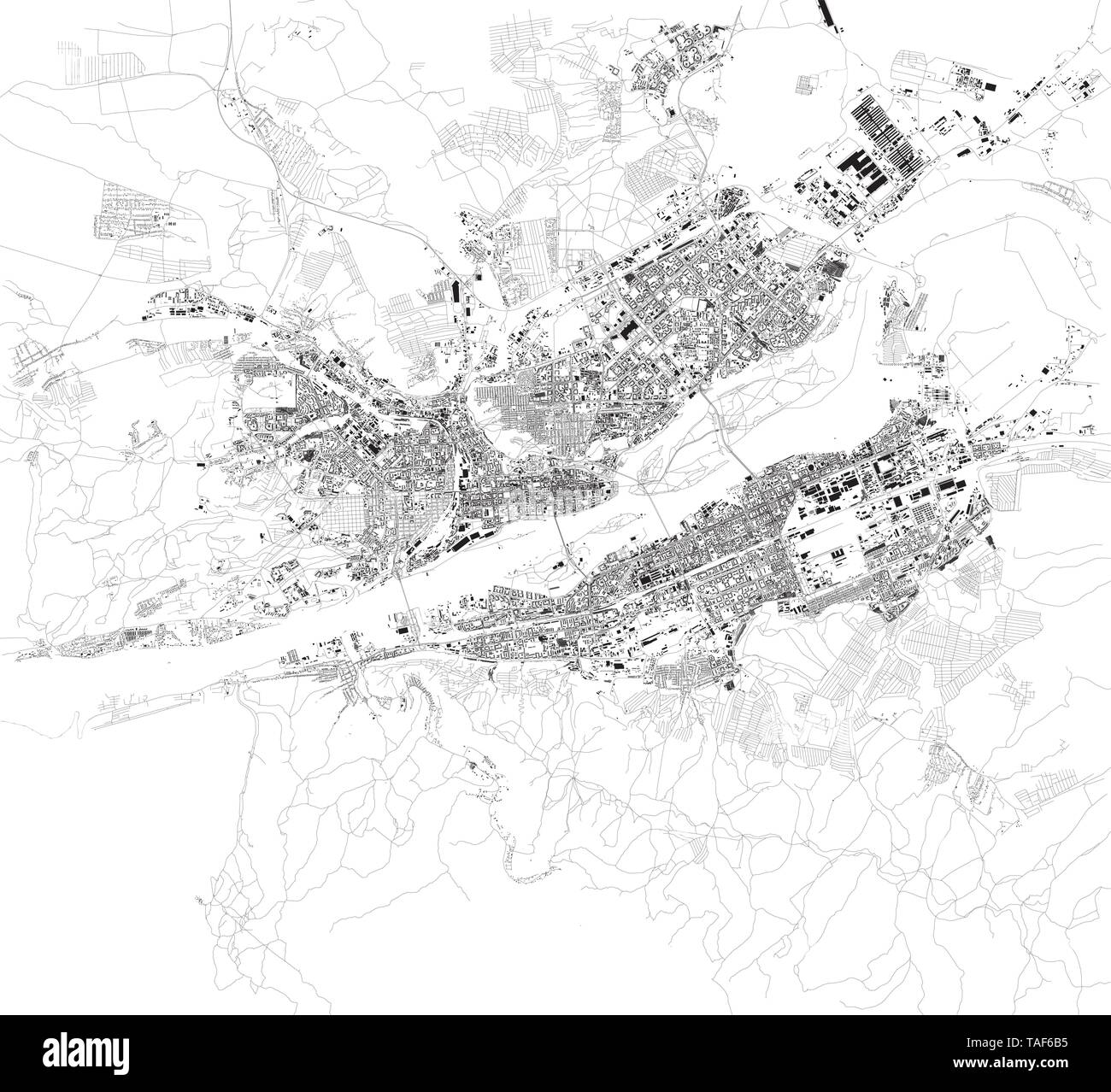 Satellite map of Krasnoyarsk, Siberia, Russia. Map of streets and buildings of the town center. Asia Stock Vector