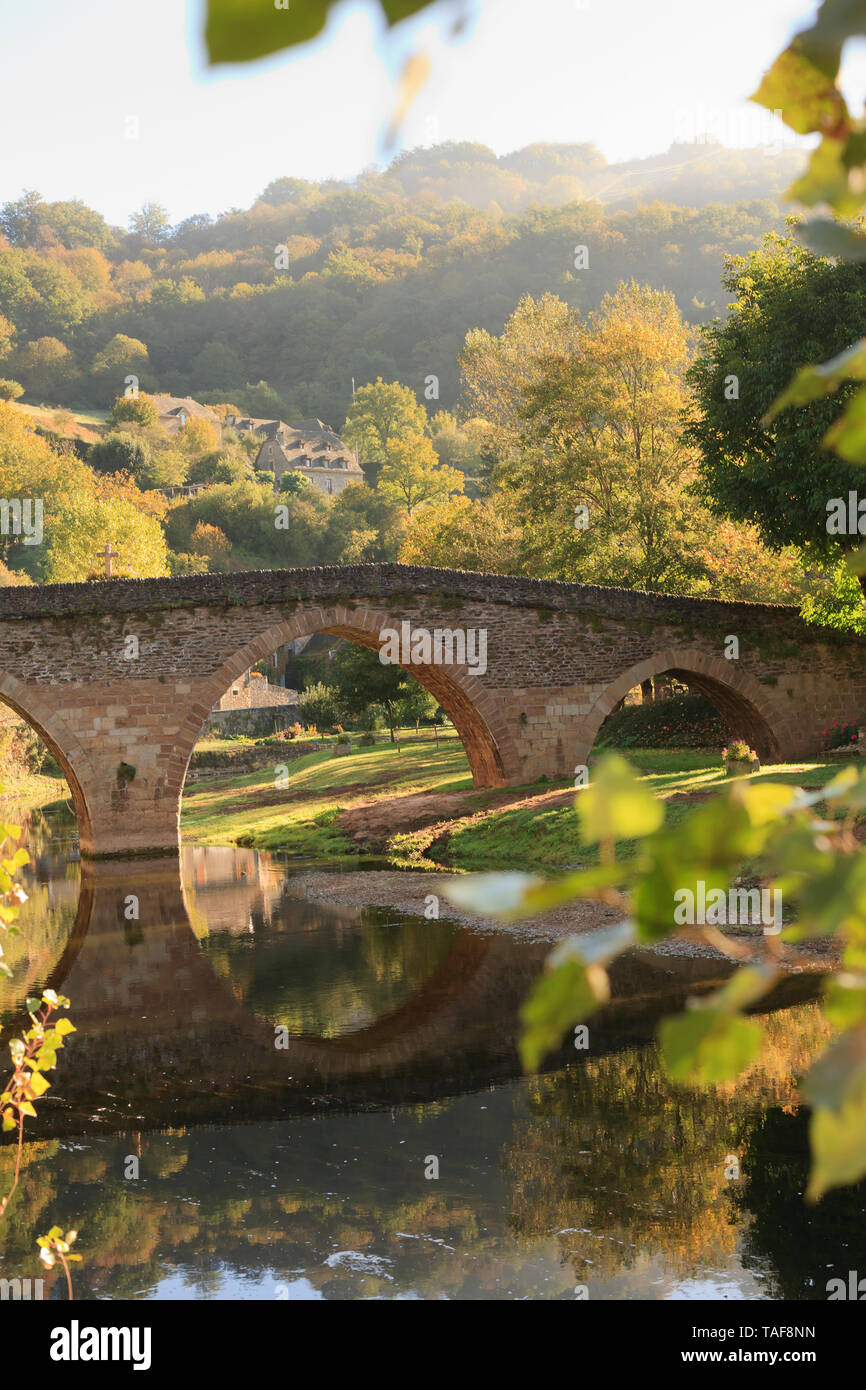 15th Century Bridge over Aveyron River , Belcastel, Aveyron, France Stock Photo
