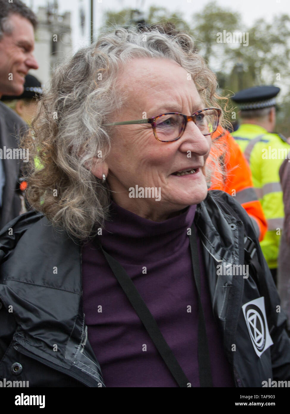 Campaigners from climate protest group Extinction Rebellion write letters to their Members of Parliament on Parliament Square. Various MPs and Jenny Jones, Baroness Jones of Moulsecoomb, assisted in delivering the letters as the group were barred access to Parliament by a police cordon.  Featuring: Jenny Jones, Baroness Jones of Moulsecoomb Where: London, United Kingdom When: 23 Apr 2019 Credit: Wheatley/WENN Stock Photo