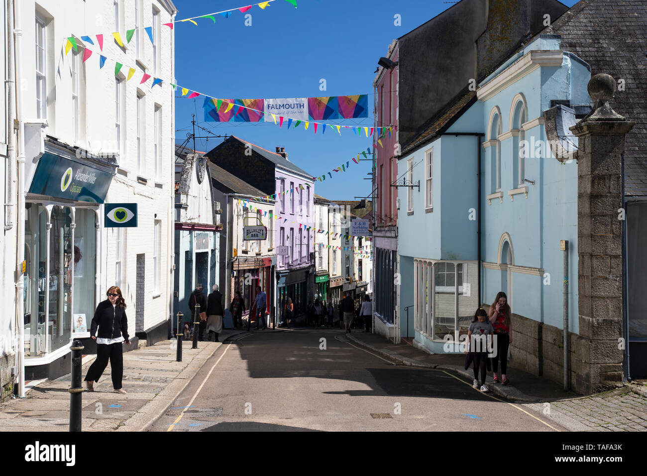 The High Street in Falmouth a town on the coast of Cornwall in south west England renowned for its deep natural harbour. Stock Photo