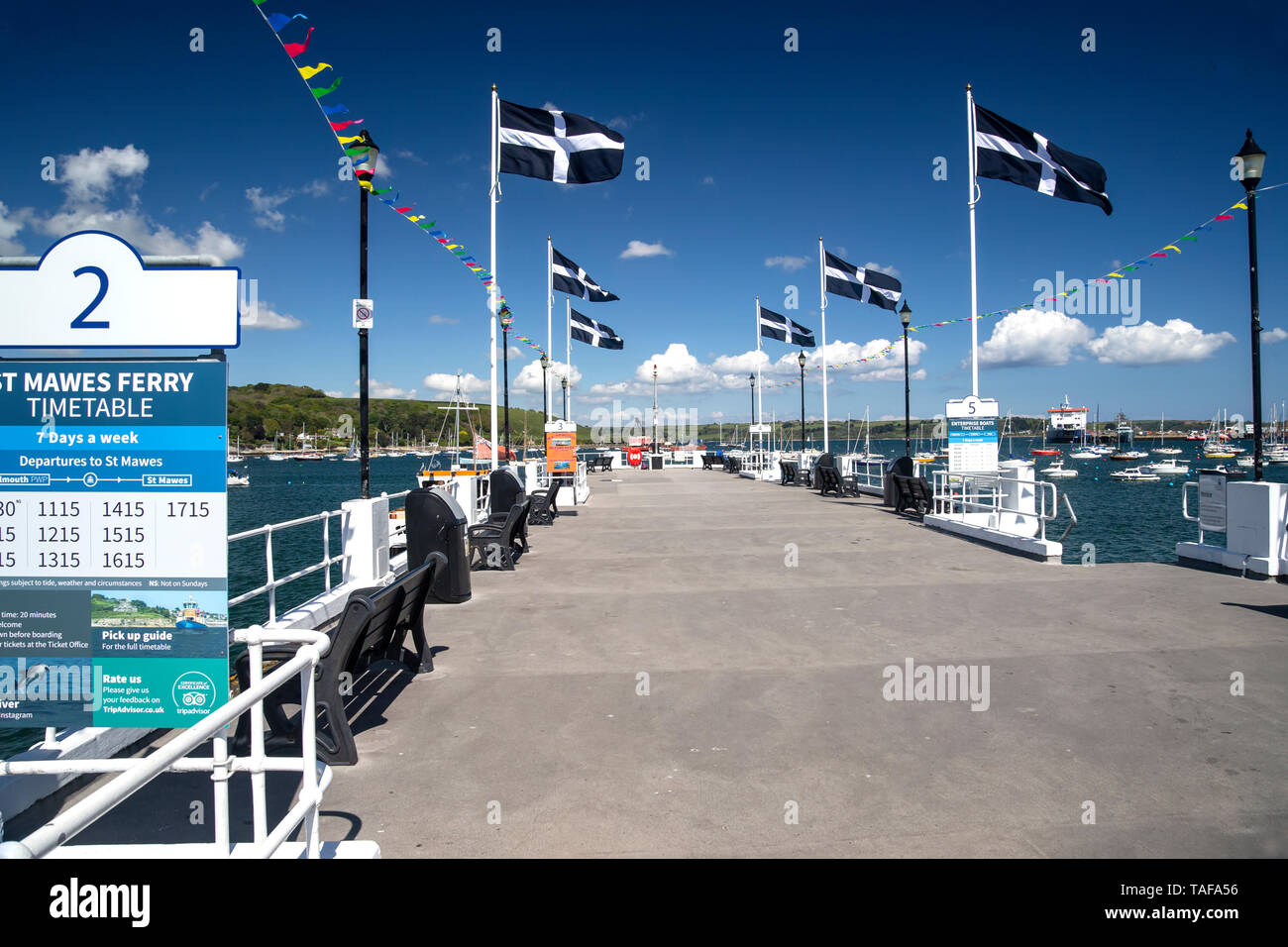 View of the Prince of Wales pier in Falmouth, Cornwall serving as a boat launch for ferries across the bay and up the River Fal. Stock Photo