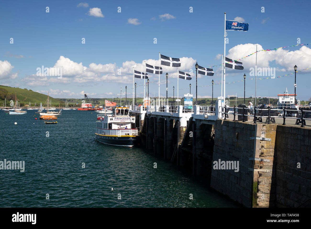 View of the Prince of Wales pier in Falmouth, Cornwall serving as a boat launch for ferries across the bay and up the River Fal. Stock Photo