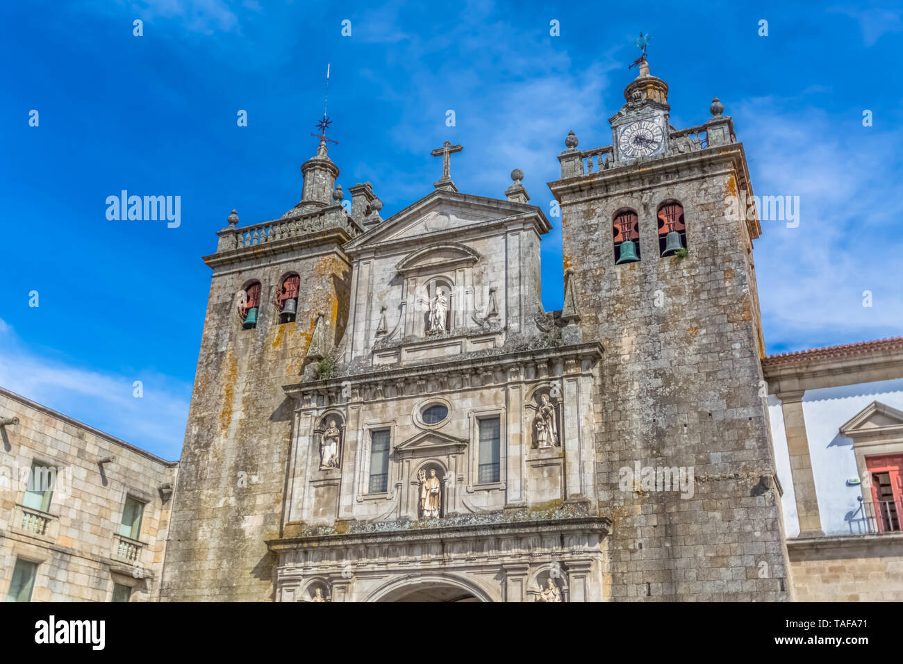Viseu / Portugal - 04 16 2019 : View at the front facade of the Cathedral of Viseu, Adro da Sé Cathedral de Viseu, architectural icon of the city of V Stock Photo